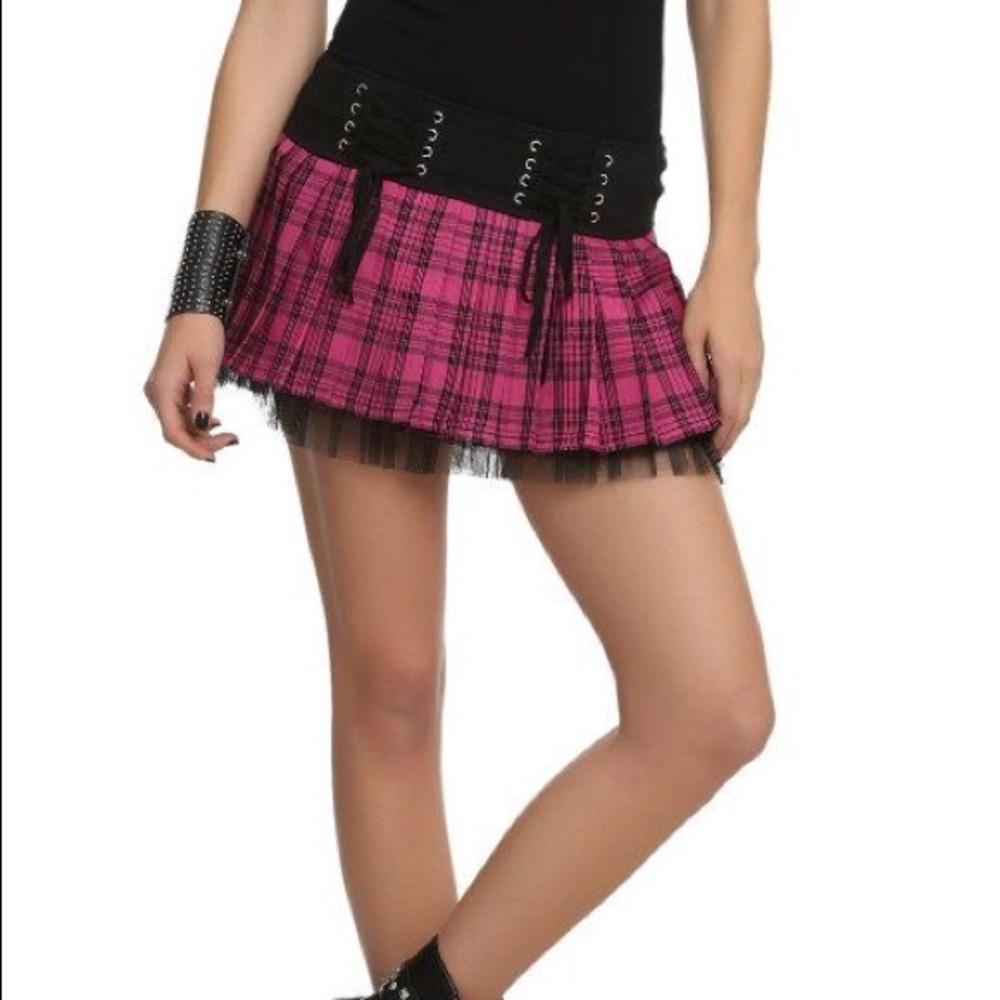 Royal Bones Pink Plaid Pleated Skirt